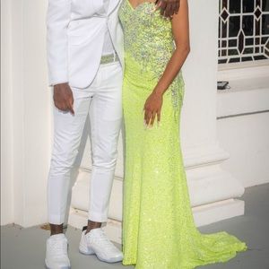 yellow sequin prom dress with train